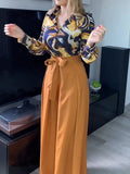 Momentlover Printed Long Sleeves Buttoned Lapel Blouse + Tied Waist Wide Leg Pants Two Pieces Set