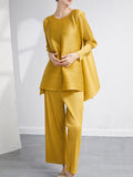 Momentlover Loose Pleated Solid Color High-Low Round-Neck T-Shirts  + Pants Two Pieces Set