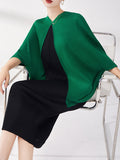 Momentlover Pleated Contrast Color Loose Batwing Sleeves Round-neck Midi Dresses