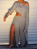 Momentlover Solid Color Long Sleeves Round-Neck T-Shirt + Split-Side Wide Leg  Pants Two Pieces Set