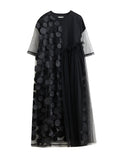 Momentlover Split-Joint Gauze Asymmetric Short Sleeves Loose Round-Neck Midi Dresses