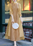 Momentlover Apricot Patchwork Silk Dress Embroideried Stand Collar Spring LY1717