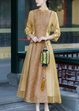 Momentlover Apricot Patchwork Silk Dress Embroideried Stand Collar Spring LY1717