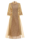 Momentlover Apricot Patchwork Silk Dress Embroideried Stand Collar Spring LY1717