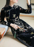 Momentlover Art Black Embroideried Side Open Silk Velour Ankle Dress Spring LY1669