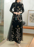 Momentlover Art Black Embroideried Side Open Silk Velour Ankle Dress Spring LY1669
