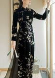 Momentlover Art Black Embroideried Side Open Silk Velour Ankle Dress Spring LY1669