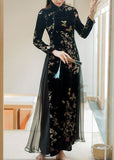 Momentlover Art Black Embroideried Side Open Silk Velour Ankle Dress Spring LY1669