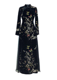 Momentlover Art Black Embroideried Side Open Silk Velour Ankle Dress Spring LY1669