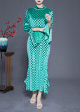 Momentlover Art Green Stand Collar Plaid Side Open Silk Velour Long Dress Flare Sleeve LY1941