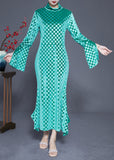 Momentlover Art Green Stand Collar Plaid Side Open Silk Velour Long Dress Flare Sleeve LY1941