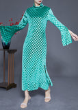 Momentlover Art Green Stand Collar Plaid Side Open Silk Velour Long Dress Flare Sleeve LY1941