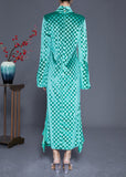 Momentlover Art Green Stand Collar Plaid Side Open Silk Velour Long Dress Flare Sleeve LY1941