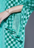 Momentlover Art Green Stand Collar Plaid Side Open Silk Velour Long Dress Flare Sleeve LY1941