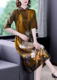 Momentlover Art Khaki Mandarin Collar Print Silk Dresses Half Sleeve LY1712