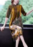 Momentlover Art Khaki Mandarin Collar Print Silk Dresses Half Sleeve LY1712