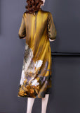 Momentlover Art Khaki Mandarin Collar Print Silk Dresses Half Sleeve LY1712