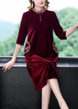 Momentlover Art Mulberry Mandarin Collar Embroideried Silk Velour A Line Dress Half Sleeve LY1675