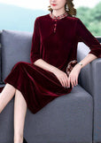Momentlover Art Mulberry Mandarin Collar Embroideried Silk Velour A Line Dress Half Sleeve LY1675
