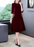 Momentlover Art Mulberry Mandarin Collar Embroideried Silk Velour A Line Dress Half Sleeve LY1675