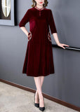 Momentlover Art Mulberry Mandarin Collar Embroideried Silk Velour A Line Dress Half Sleeve LY1675