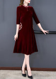 Momentlover Art Mulberry Mandarin Collar Embroideried Silk Velour A Line Dress Half Sleeve LY1675