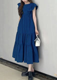 Momentlover Art Navy Slim Fit Patchwork Wrinkled Cotton Long Dress Petal Sleeve LY1749