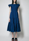 Momentlover Art Navy Slim Fit Patchwork Wrinkled Cotton Long Dress Petal Sleeve LY1749