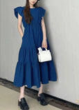Momentlover Art Navy Slim Fit Patchwork Wrinkled Cotton Long Dress Petal Sleeve LY1749