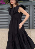 Momentlover Art Navy Slim Fit Patchwork Wrinkled Cotton Long Dress Petal Sleeve LY1749