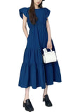 Momentlover Art Navy Slim Fit Patchwork Wrinkled Cotton Long Dress Petal Sleeve LY1749