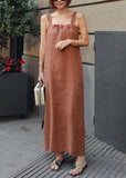 Momentlover Art Orange Patchwork Back Side Open Linen Spaghetti Strap Dress Summer LY1766