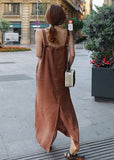 Momentlover Art Orange Patchwork Back Side Open Linen Spaghetti Strap Dress Summer LY1766