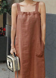 Momentlover Art Orange Patchwork Back Side Open Linen Spaghetti Strap Dress Summer LY1766