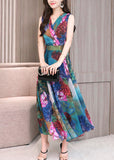Momentlover Art Red V Neck Print Tunic Holiday Maxi Dresses Sleeveless LY1719