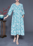 Momentlover Beautiful Blue Print Tie Waist Pockets Silk Dress Bracelet Sleeve LY1926