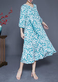 Momentlover Beautiful Blue Print Tie Waist Pockets Silk Dress Bracelet Sleeve LY1926