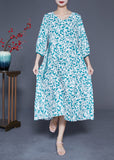 Momentlover Beautiful Blue Print Tie Waist Pockets Silk Dress Bracelet Sleeve LY1926