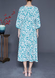 Momentlover Beautiful Blue Print Tie Waist Pockets Silk Dress Bracelet Sleeve LY1926