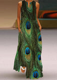 Momentlover Beautiful Green Print Pockets Chiffon Beach Dress Sleeveless LY1924