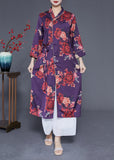 Momentlover Beautiful Purple Print Lace Up Side Open Silk Long Dress Bracelet Sleeve LY1979