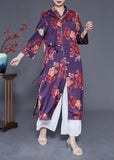 Momentlover Beautiful Purple Print Lace Up Side Open Silk Long Dress Bracelet Sleeve LY1979