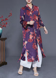 Momentlover Beautiful Purple Print Lace Up Side Open Silk Long Dress Bracelet Sleeve LY1979