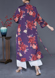 Momentlover Beautiful Purple Print Lace Up Side Open Silk Long Dress Bracelet Sleeve LY1979