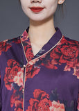 Momentlover Beautiful Purple Print Lace Up Side Open Silk Long Dress Bracelet Sleeve LY1979