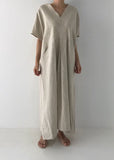 Momentlover Beige Cozy Linen Holiday Dresses V Neck Pockets Summer LY1729