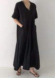 Momentlover Beige Cozy Linen Holiday Dresses V Neck Pockets Summer LY1729