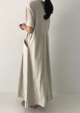 Momentlover Beige Cozy Linen Holiday Dresses V Neck Pockets Summer LY1729