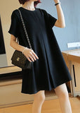 Momentlover Black Cotton A Line Dress O-Neck Wrinkled Summer LY1422