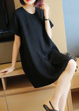 Momentlover Black Cotton A Line Dress O-Neck Wrinkled Summer LY1422